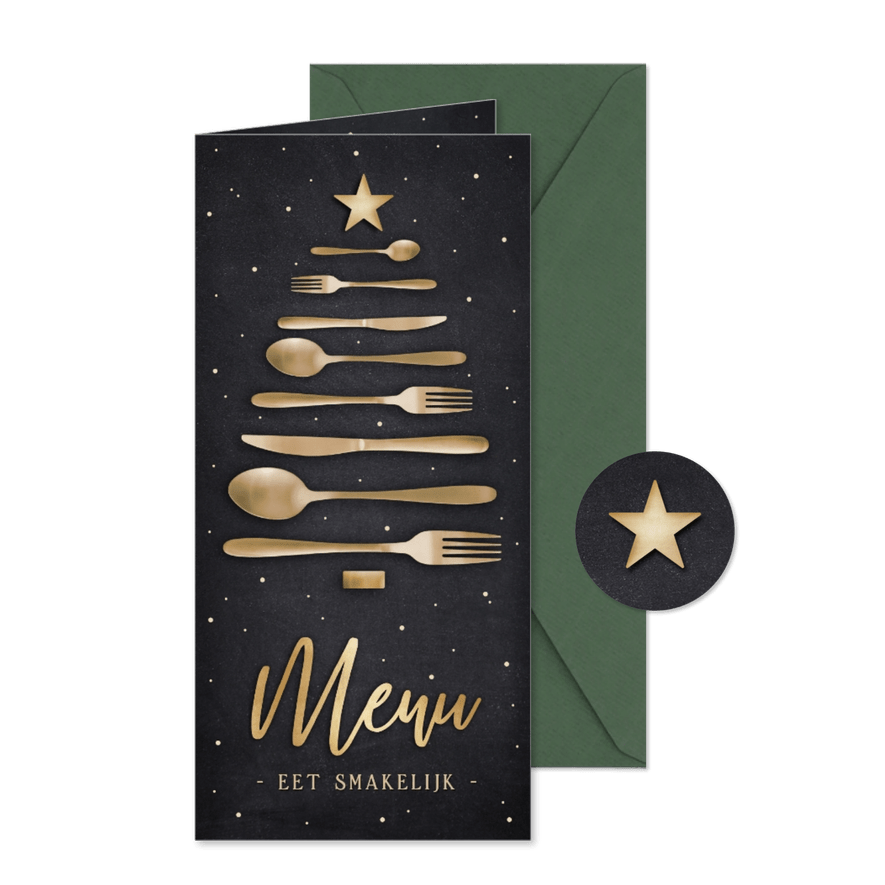 Leuke menukaart kerstdiner zakelijk met bestek kerstboom - Kaartimpressie