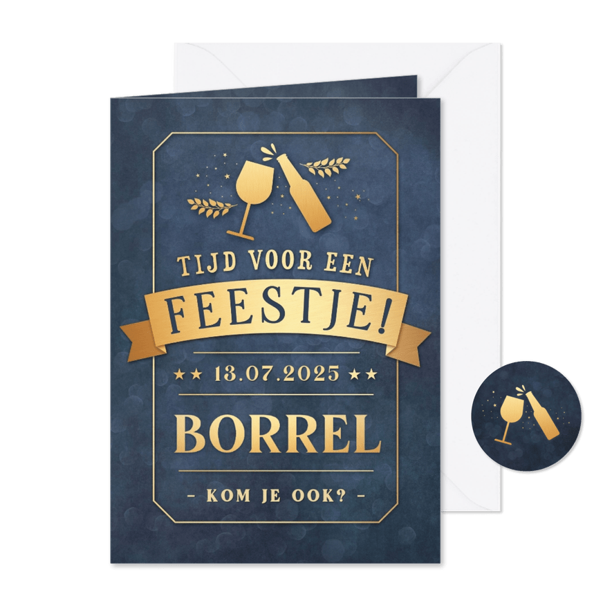 Leuke moderne uitnodiging borrel met bier en wijn - Kaartimpressie