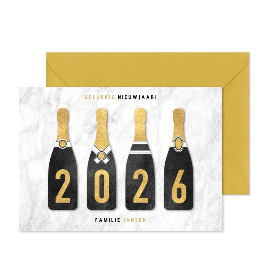 Leuke nieuwjaarskaart champagneflessen met 2026 - Kaartimpressie