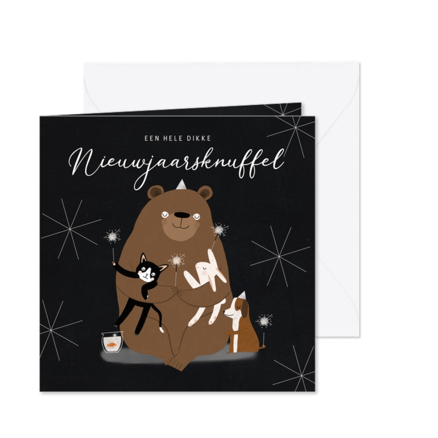 Leuke nieuwjaarskaart dikke knuffel dieren illustratie ster - Kaartimpressie