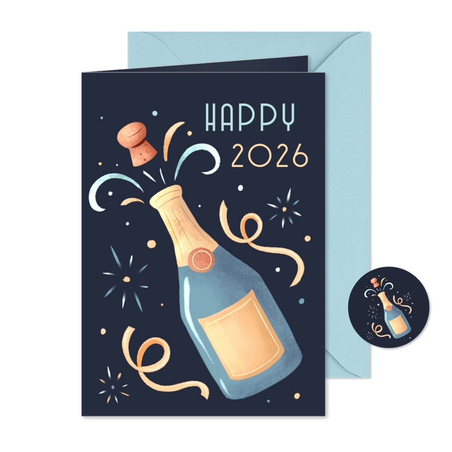 Leuke nieuwjaarskaart met champagnefles en vuurwerk - Kaartimpressie