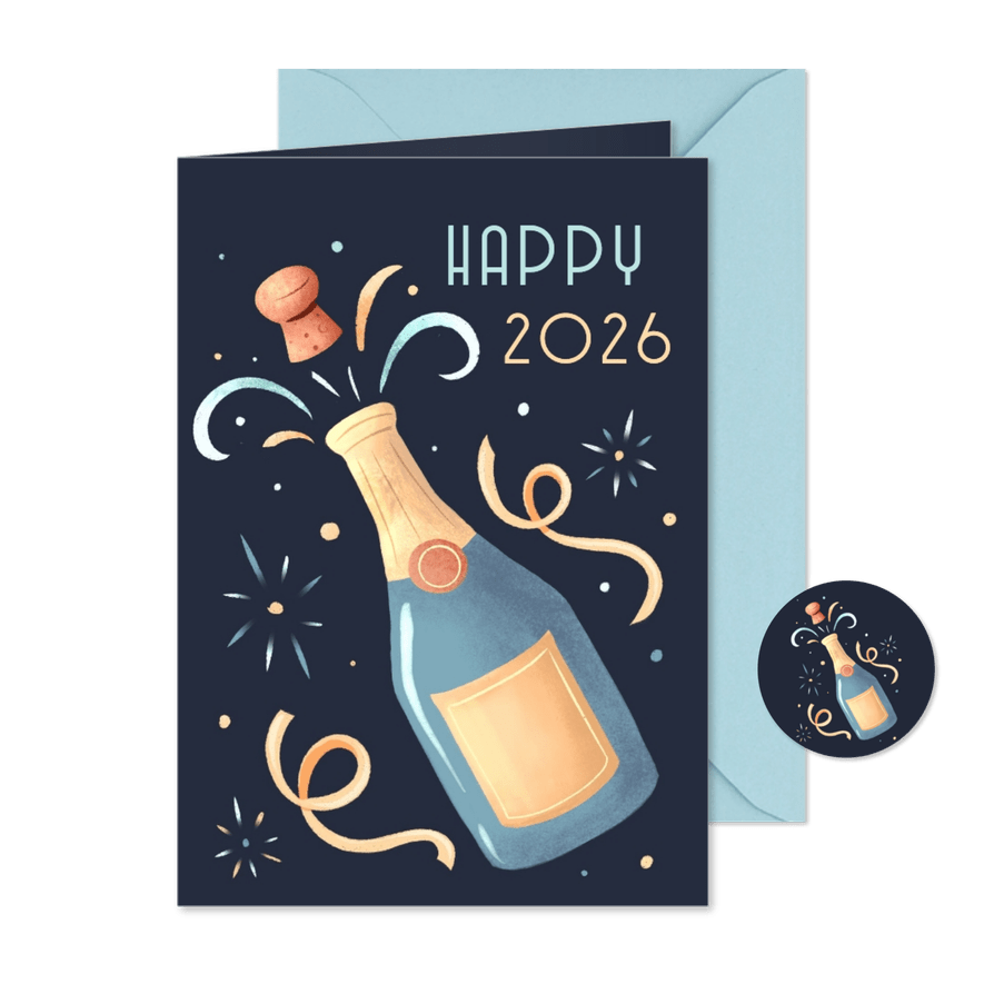 Leuke nieuwjaarskaart met champagnefles en vuurwerk - Kaartimpressie