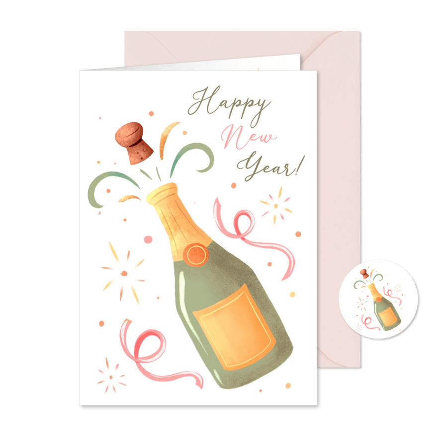 Leuke nieuwjaarskaart met champagnefles in pastelkleuren - Kaartimpressie