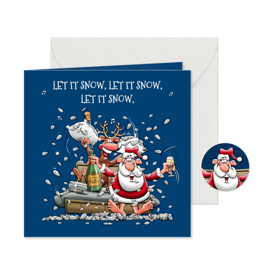 Leuke nieuwjaarskaart met kerstman, in een kussengevecht - Kaartimpressie
