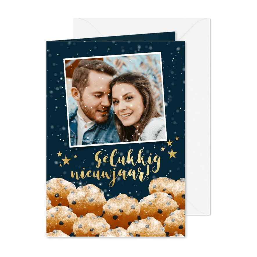 Leuke nieuwjaarskaart met oliebollen en groet - Kaartimpressie