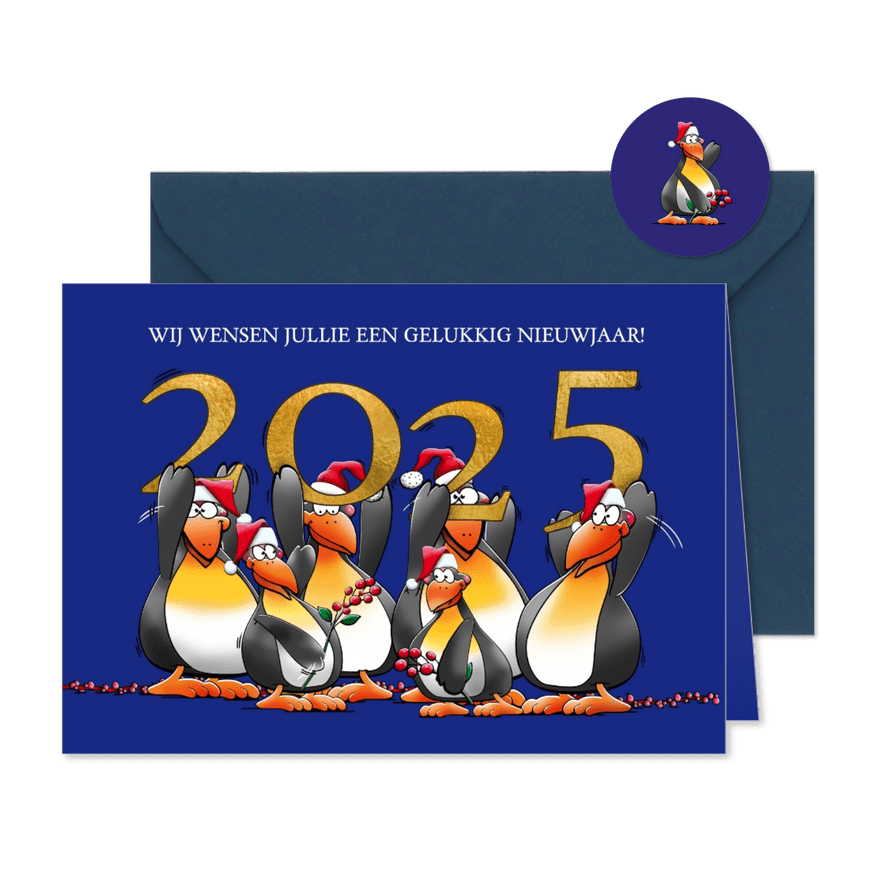 Leuke nieuwjaarskaart met pinguïns met jaartal 2025 - Kaartimpressie