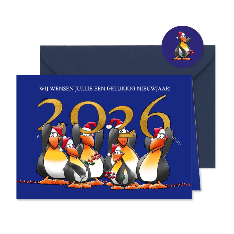 Leuke nieuwjaarskaart met pinguïns met jaartal 2026 - Kaartimpressie