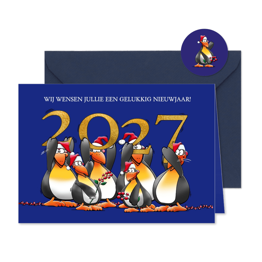 Leuke nieuwjaarskaart met pinguïns met jaartal 2027 - Kaartimpressie