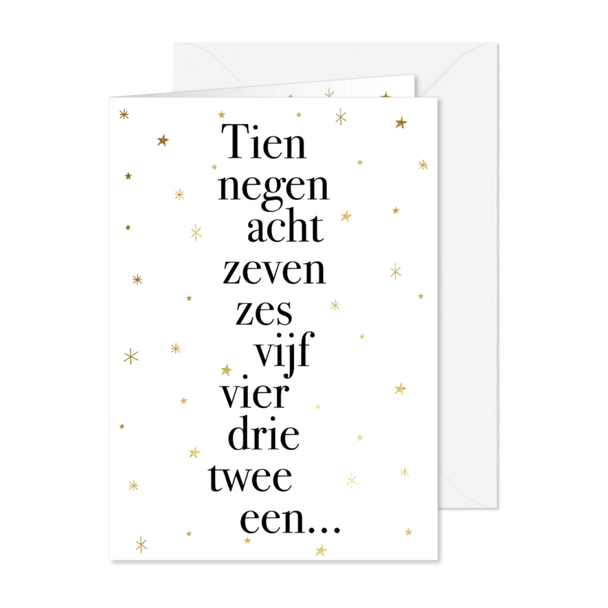 Leuke nieuwjaarskaart met typografie en gouden sterren - Kaartimpressie