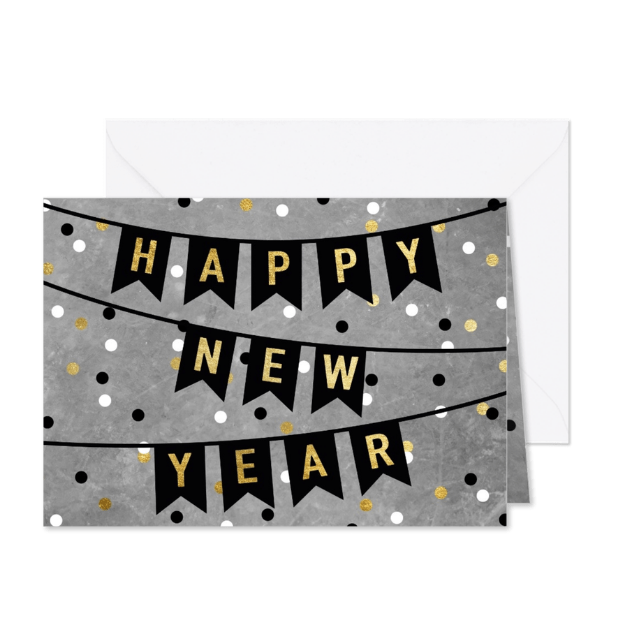 Leuke nieuwjaarskaart met vlaggen, tekst en confetti - Kaartimpressie