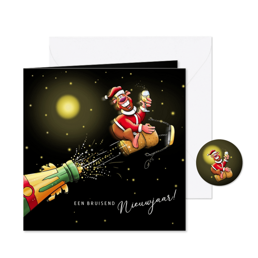 Leuke nieuwjaarskaart met vliegende kerstbeer op kurk - Kaartimpressie