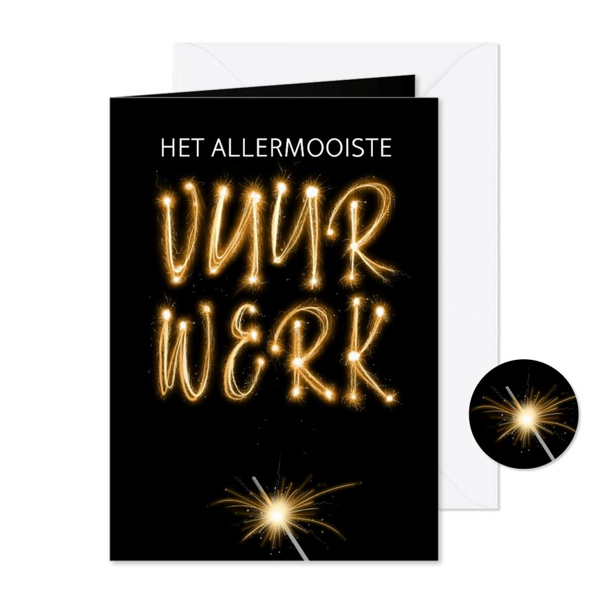 Leuke Nieuwjaarskaart met vuurwerk en sterretjes op zwart - Kaartimpressie