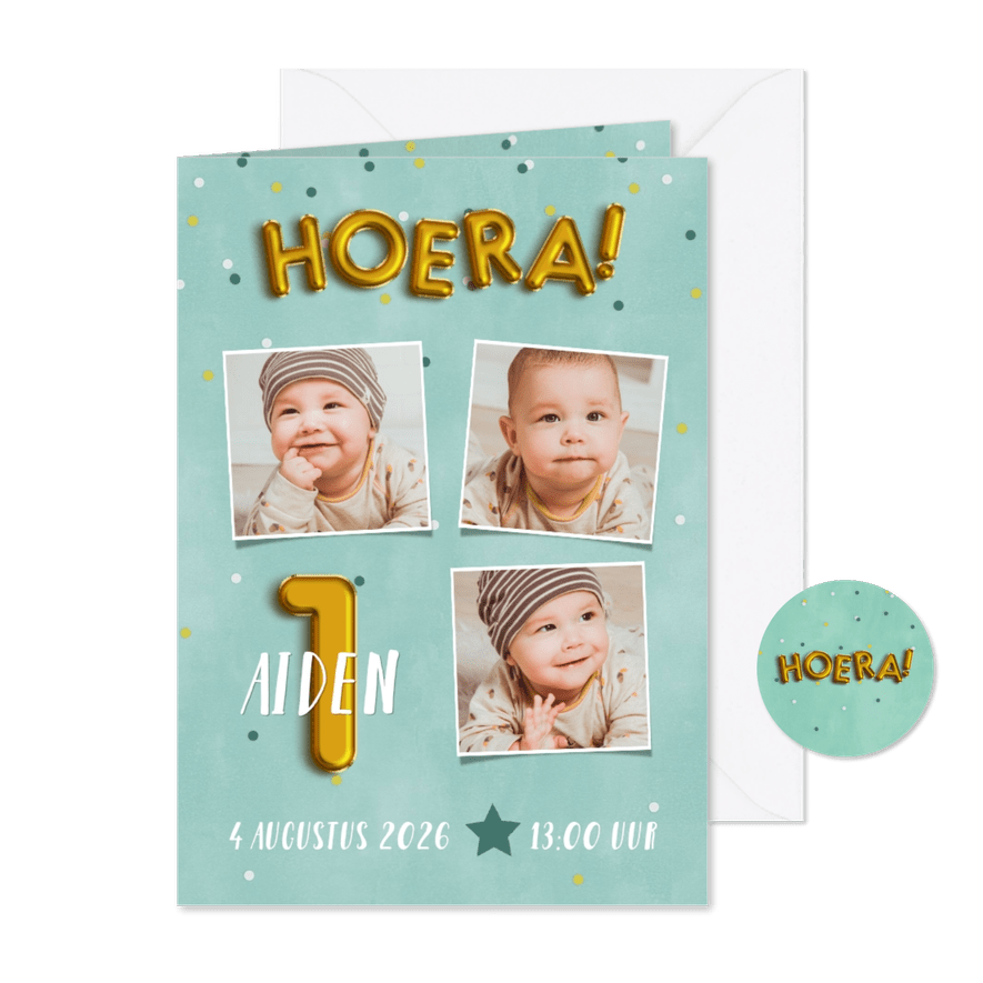 Leuke uitnodiging eerste verjaardag met confetti & ballonnen - Kaartimpressie