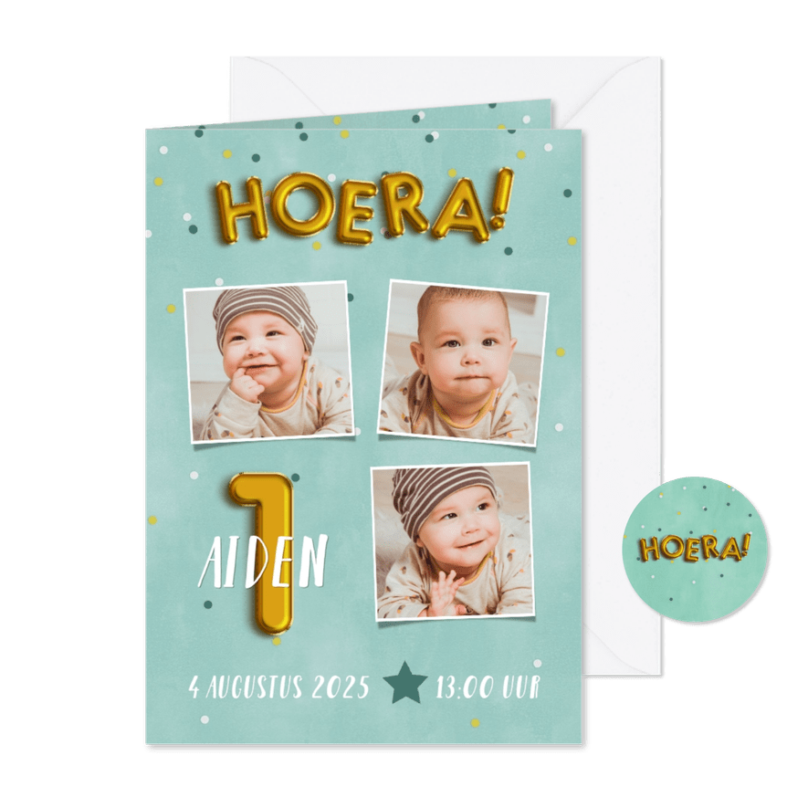 Leuke uitnodiging eerste verjaardag met confetti & ballonnen - Kaartimpressie