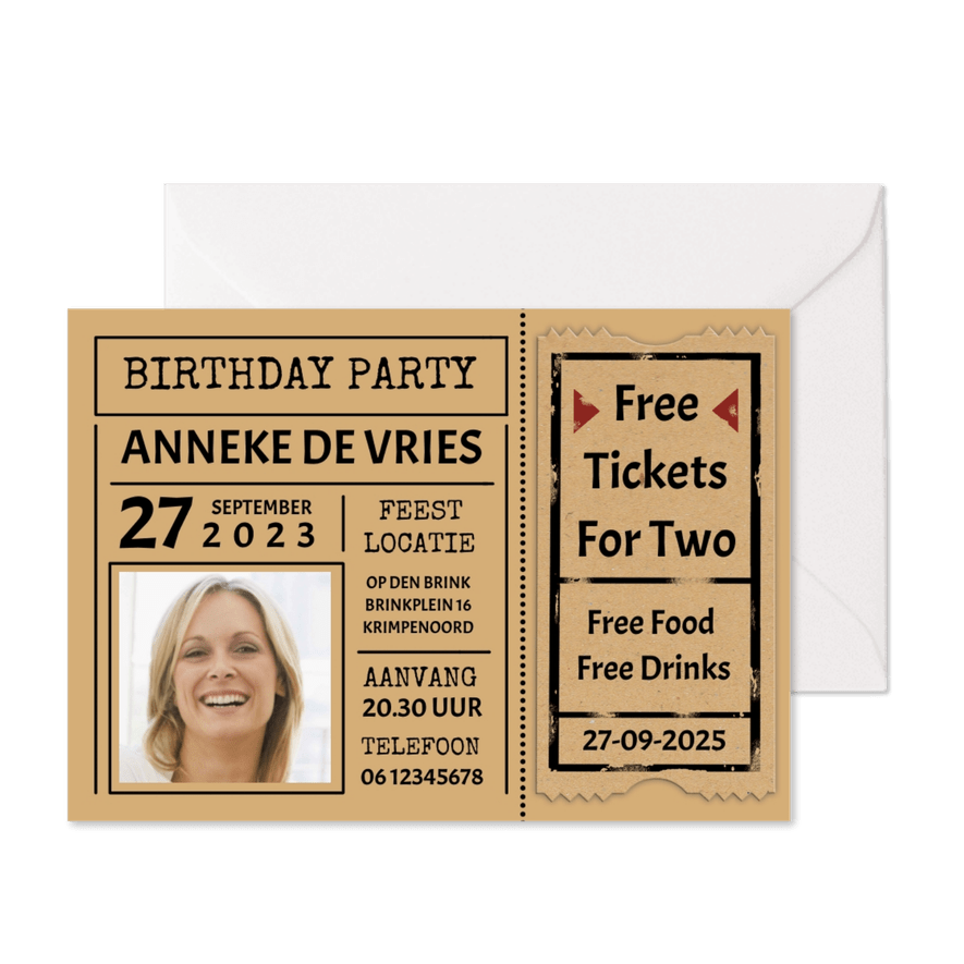 Leuke uitnodiging "Free Tickets For Two" voor een vrouw - Kaartimpressie