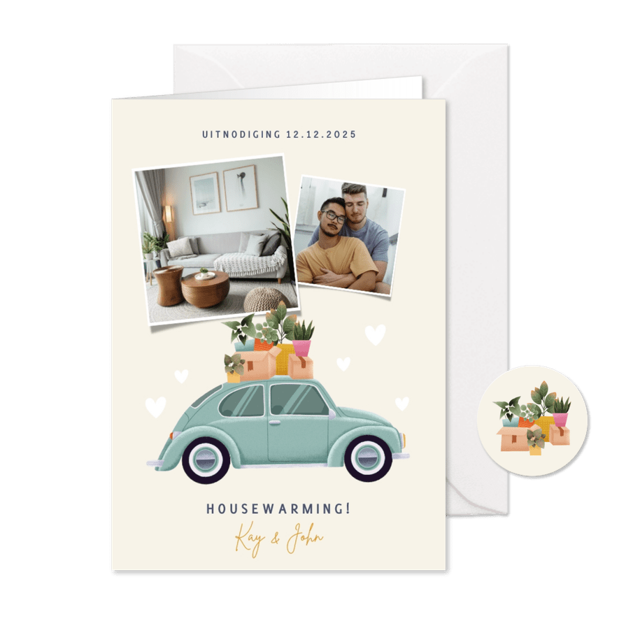 Leuke uitnodiging housewarming verhuisauto foto's & plantjes - Kaartimpressie