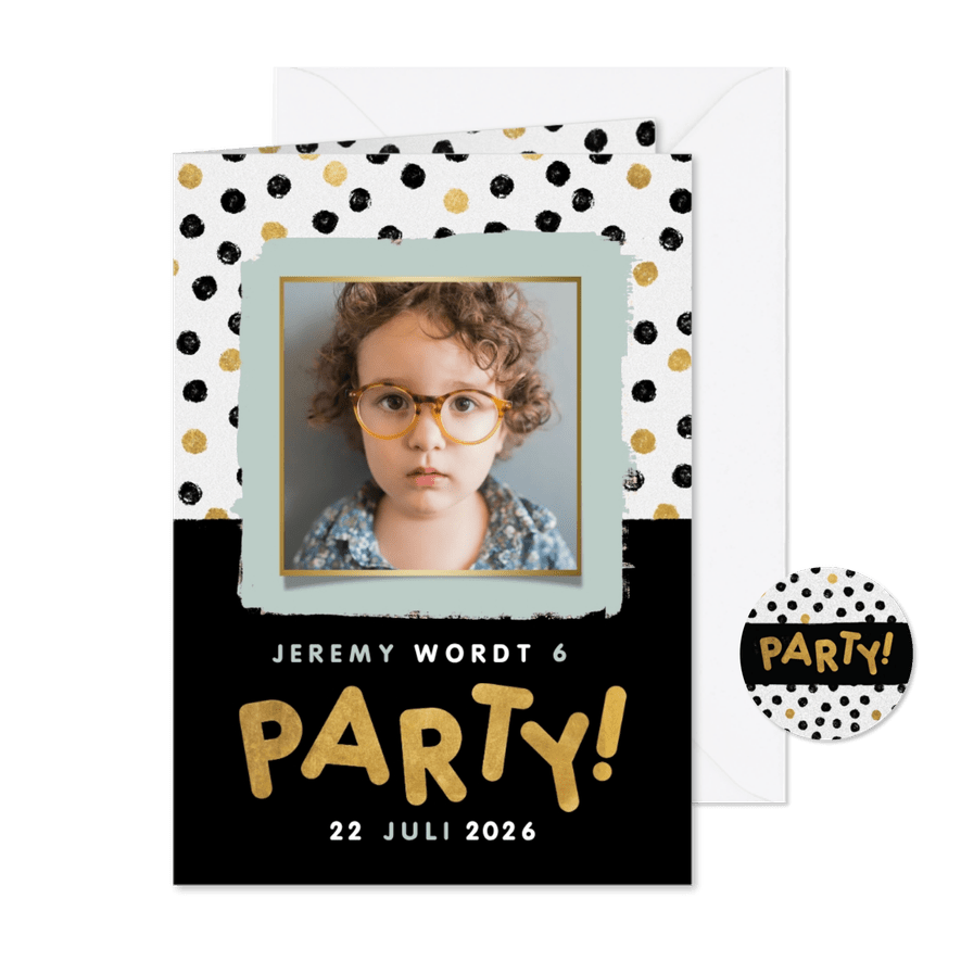 Leuke uitnodiging kinderfeestje met confetti, foto en party! - Kaartimpressie