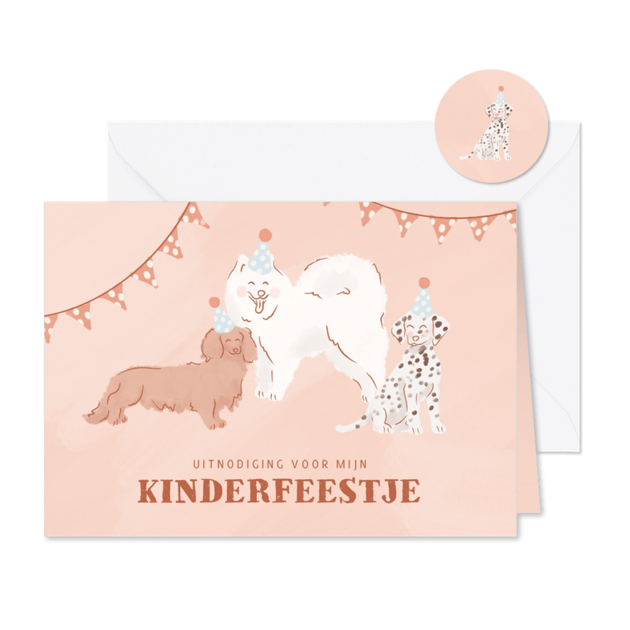 Leuke uitnodiging kinderfeestje met hondjes met feesthoedje - Kaartimpressie