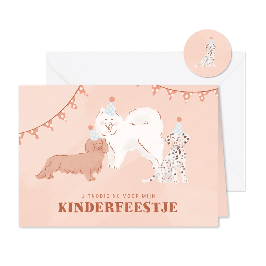 Leuke uitnodiging kinderfeestje met hondjes met feesthoedje - Kaartimpressie