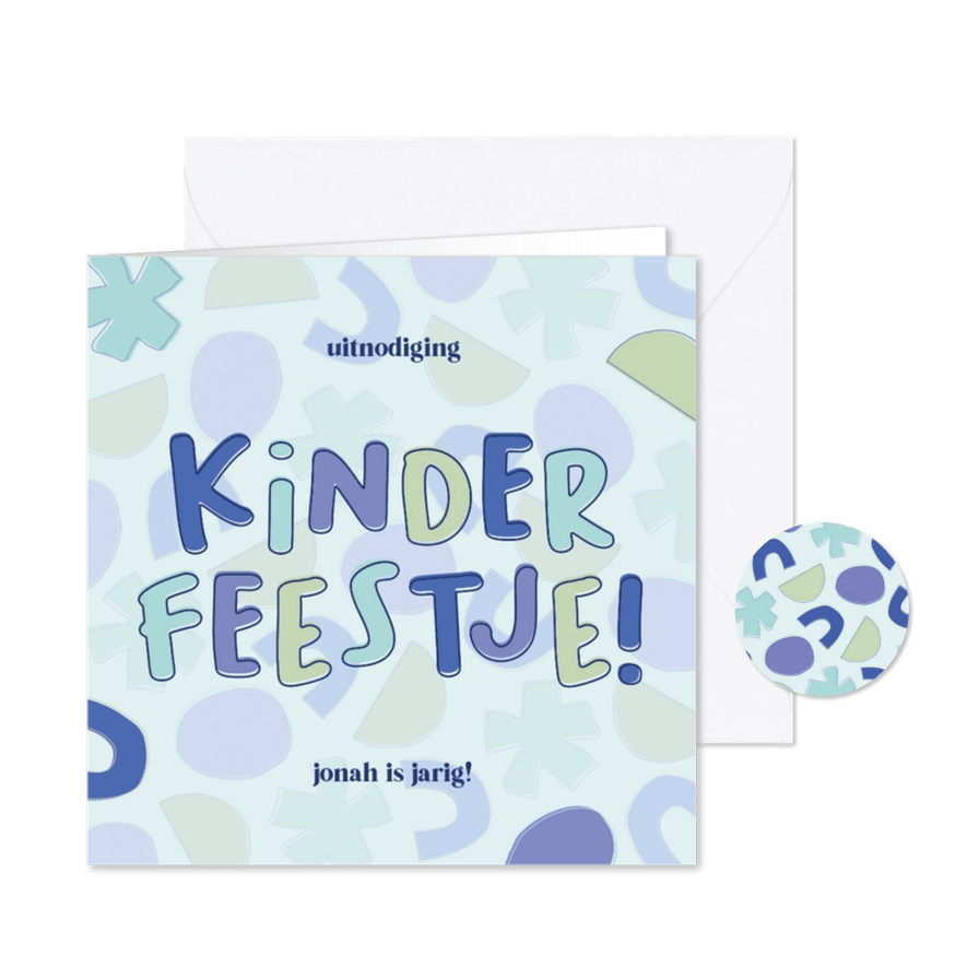 Leuke uitnodiging kinderfeestje met speelse letters blauw - Kaartimpressie