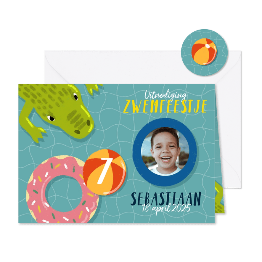 Leuke uitnodiging kinderfeestje met zwembanden en krokodil - Kaartimpressie