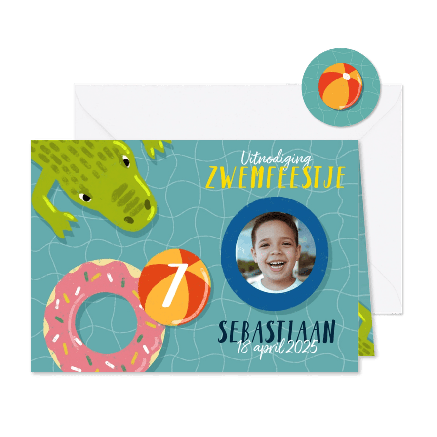 Leuke uitnodiging kinderfeestje met zwembanden en krokodil - Kaartimpressie