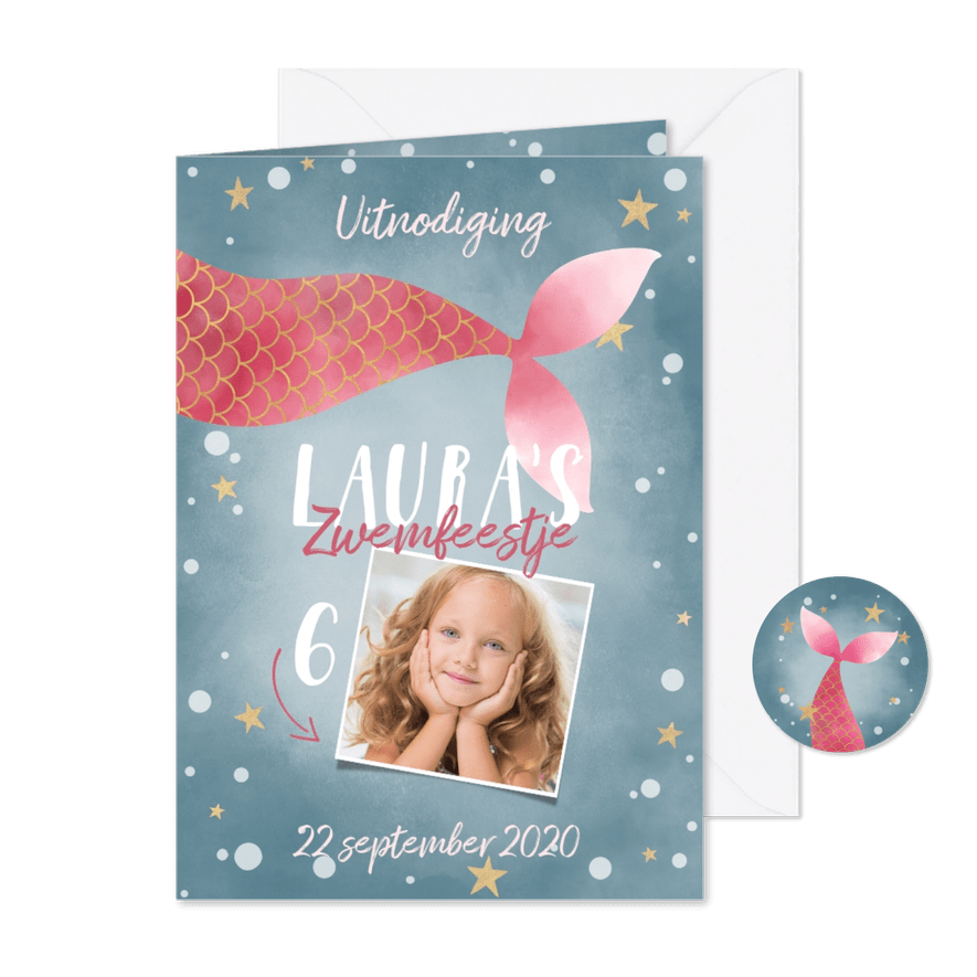 Leuke uitnodiging kinderfeestje zwemfeestje met zeemeermin - Kaartimpressie