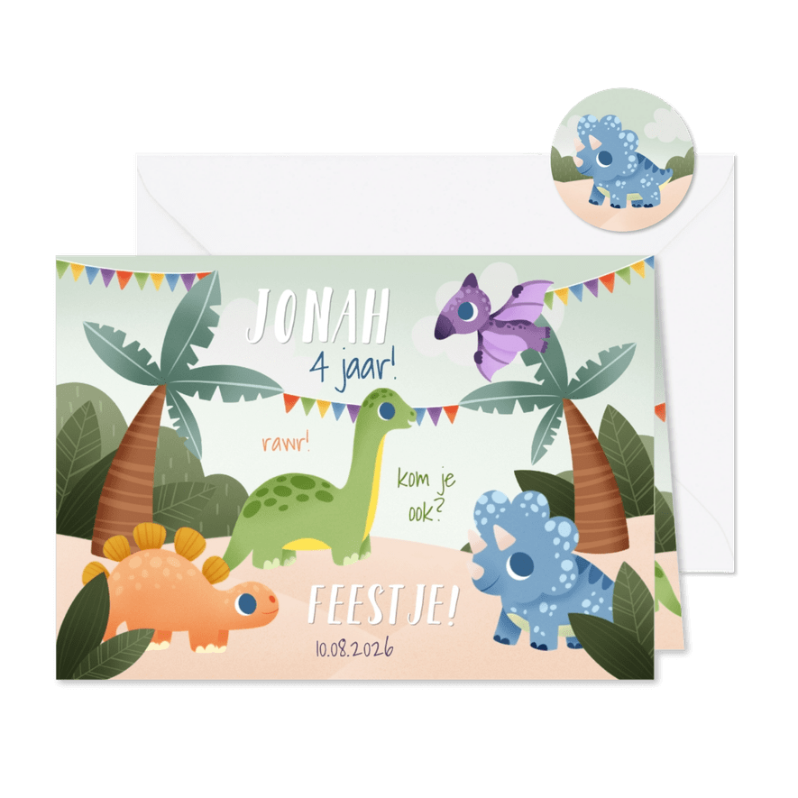 Leuke uitnodiging kinderfeestjes dino's jungle en slingers - Kaartimpressie