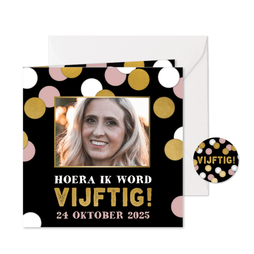 Leuke uitnodiging verjaardag '50' met confetti en foto - Kaartimpressie