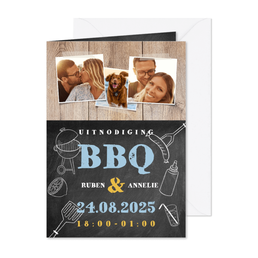Leuke uitnodiging voor een BBQ met hout, krijtbord en foto's - Kaartimpressie