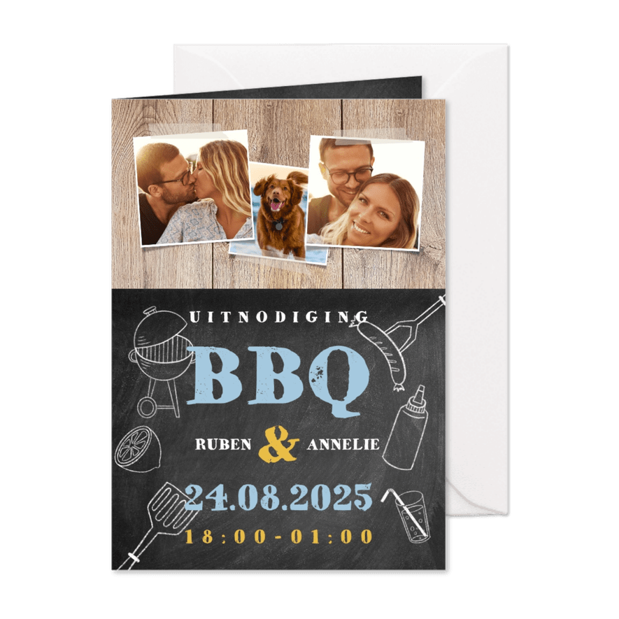 Leuke uitnodiging voor een BBQ met hout, krijtbord en foto's - Kaartimpressie
