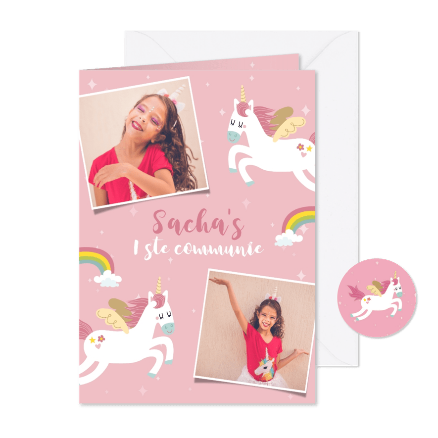 Leuke uitnodiging voor een eerste communie met eenhoorns - Kaartimpressie