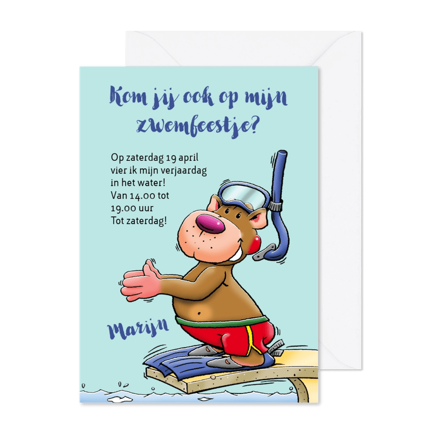 Leuke uitnodiging voor een zwemfeestje voor jongen. - Kaartimpressie