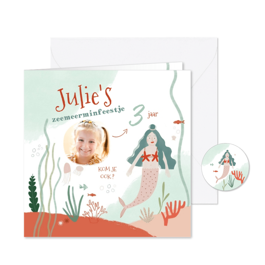 Leuke uitnodiging zeemeermin en foto kinderfeestje - Kaartimpressie