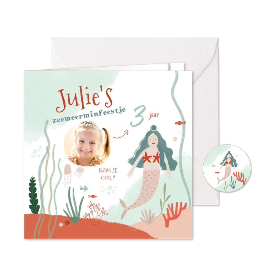Leuke uitnodiging zeemeermin en foto kinderfeestje - Kaartimpressie