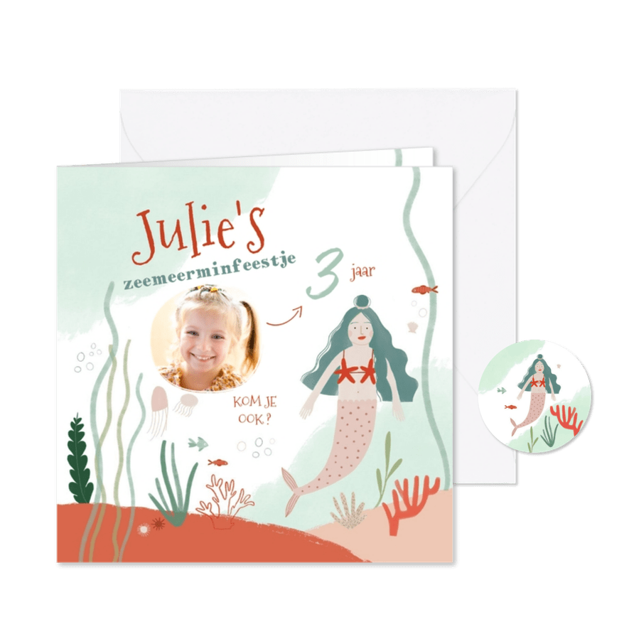 Leuke uitnodiging zeemeermin en foto kinderfeestje - Kaartimpressie