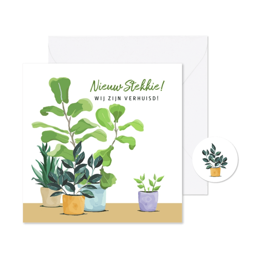 Leuke verhuiskaart met 4 groene planten - Kaartimpressie