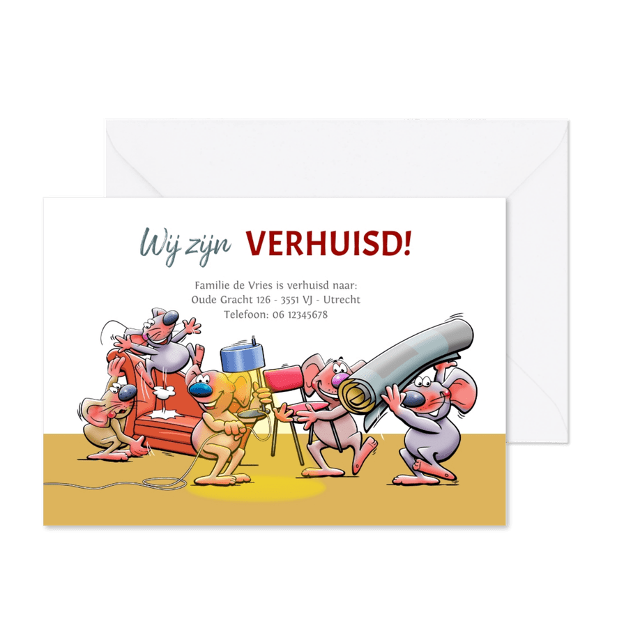 Leuke verhuiskaart met muizen die met meubels sjouwen - Kaartimpressie