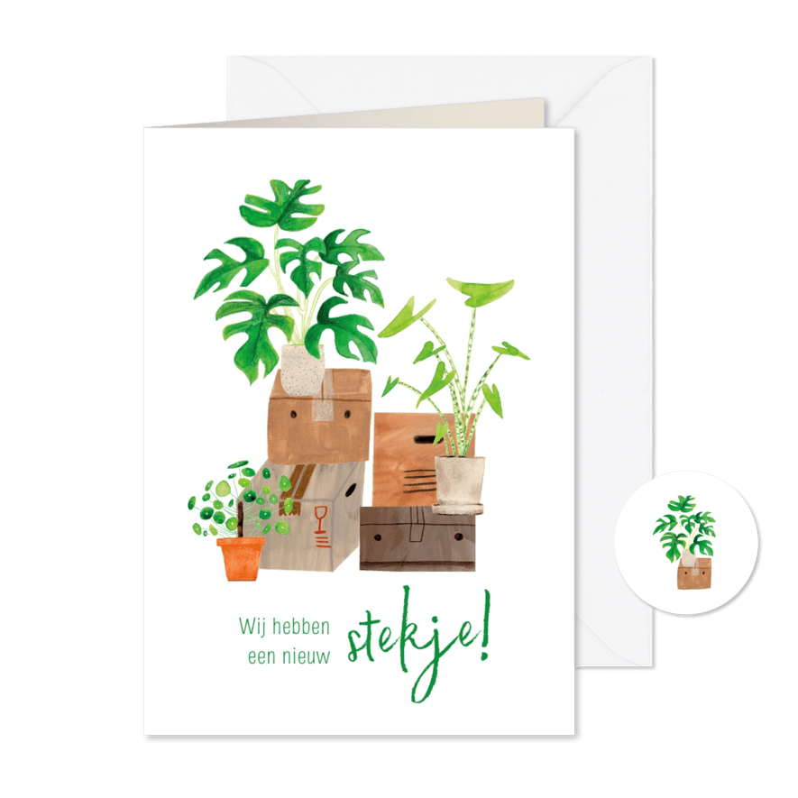 Leuke verhuiskaart nieuwe stekje groene planten verhuisdozen - Kaartimpressie