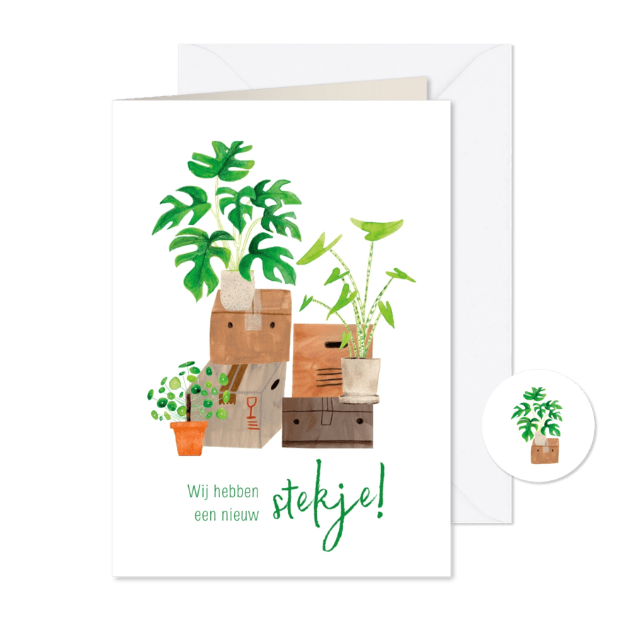 Leuke verhuiskaart nieuwe stekje groene planten verhuisdozen - Kaartimpressie
