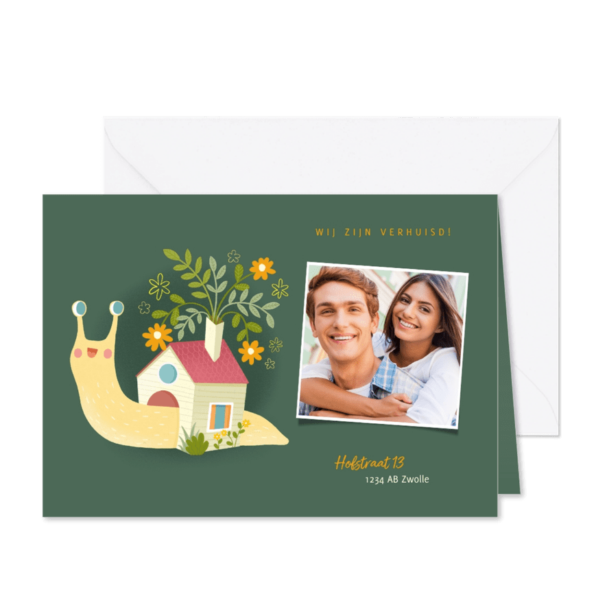leuke verhuiskaart slak met huisje en foto - Kaartimpressie