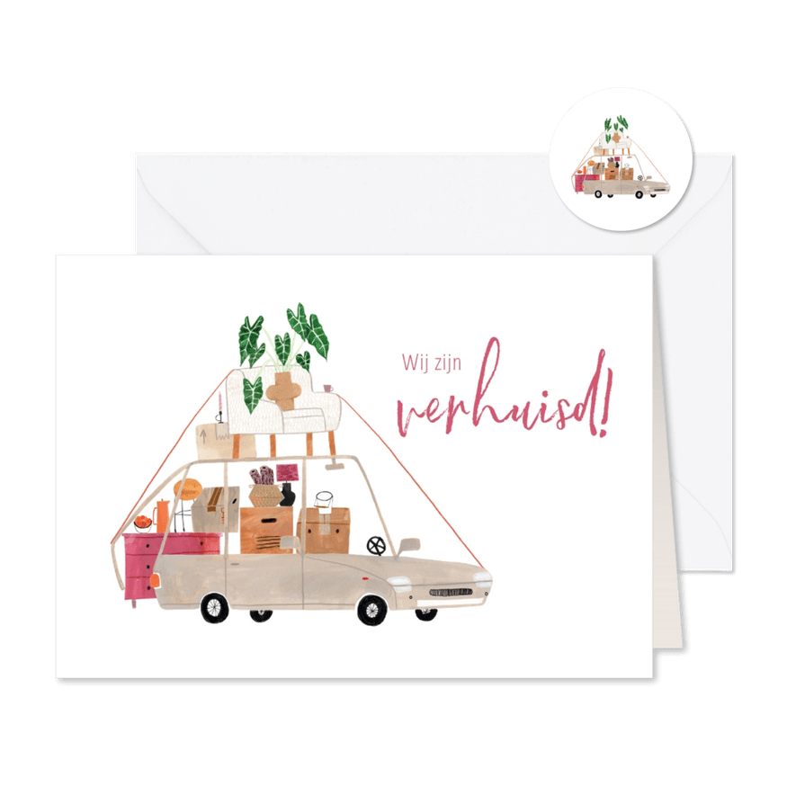Leuke verhuiskaart volgeladen auto en planten illustratie - Kaartimpressie
