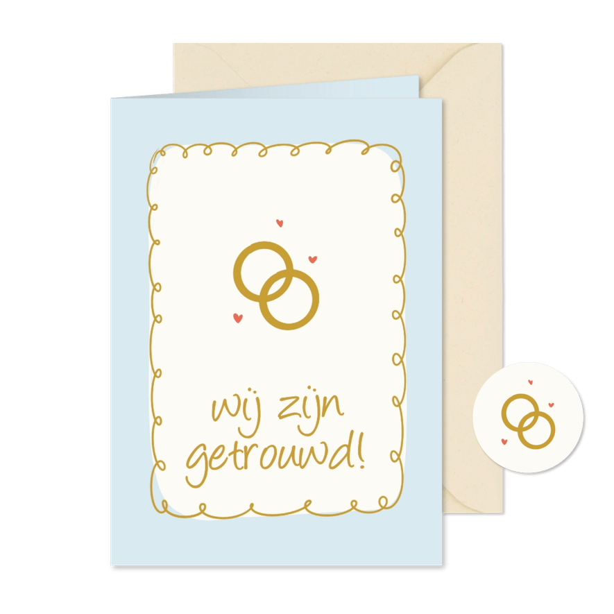 Lichtblauwe trouwkaart wij zijn getrouwd met ringen - Kaartimpressie