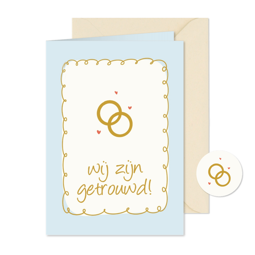 Lichtblauwe trouwkaart wij zijn getrouwd met ringen - Kaartimpressie