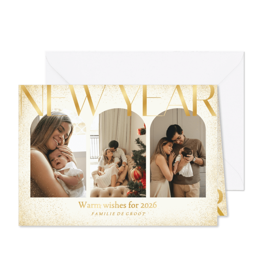 Lichte nieuwjaarskaart met fotos en goudlook glitters - Kaartimpressie