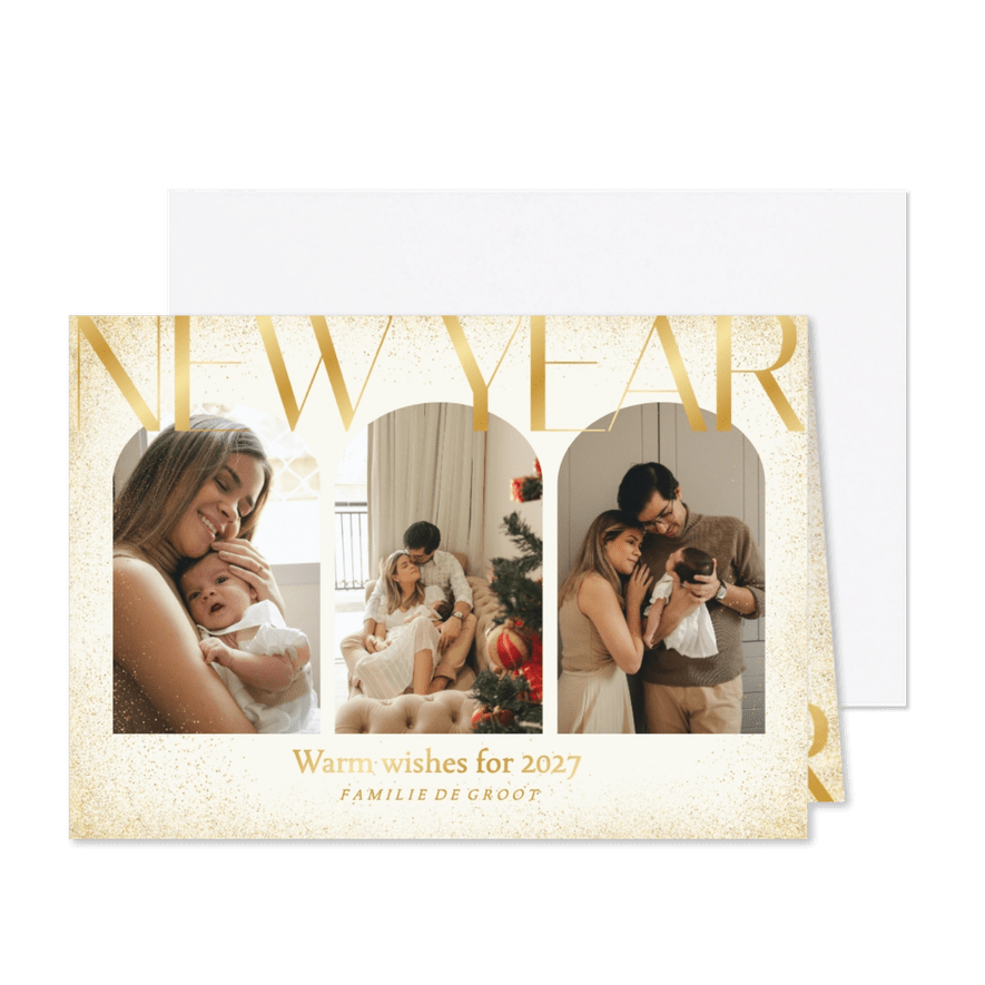 Lichte nieuwjaarskaart met fotos en goudlook glitters - Kaartimpressie