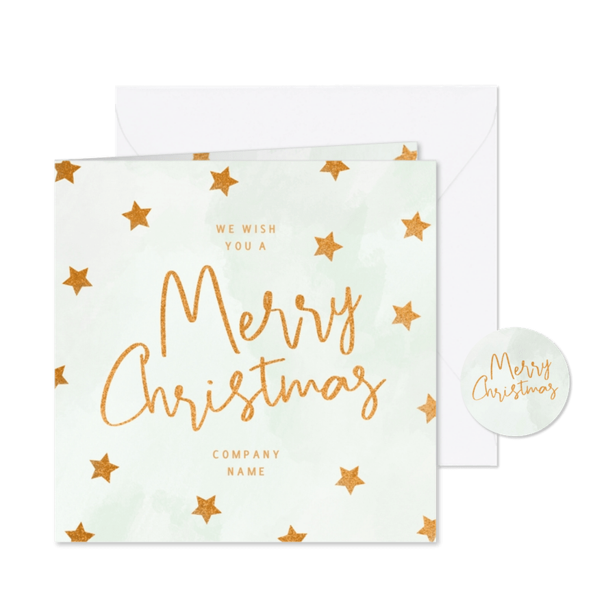 Lichtgroene zakelijke kerstkaart met koperen glitter sterren - Kaartimpressie