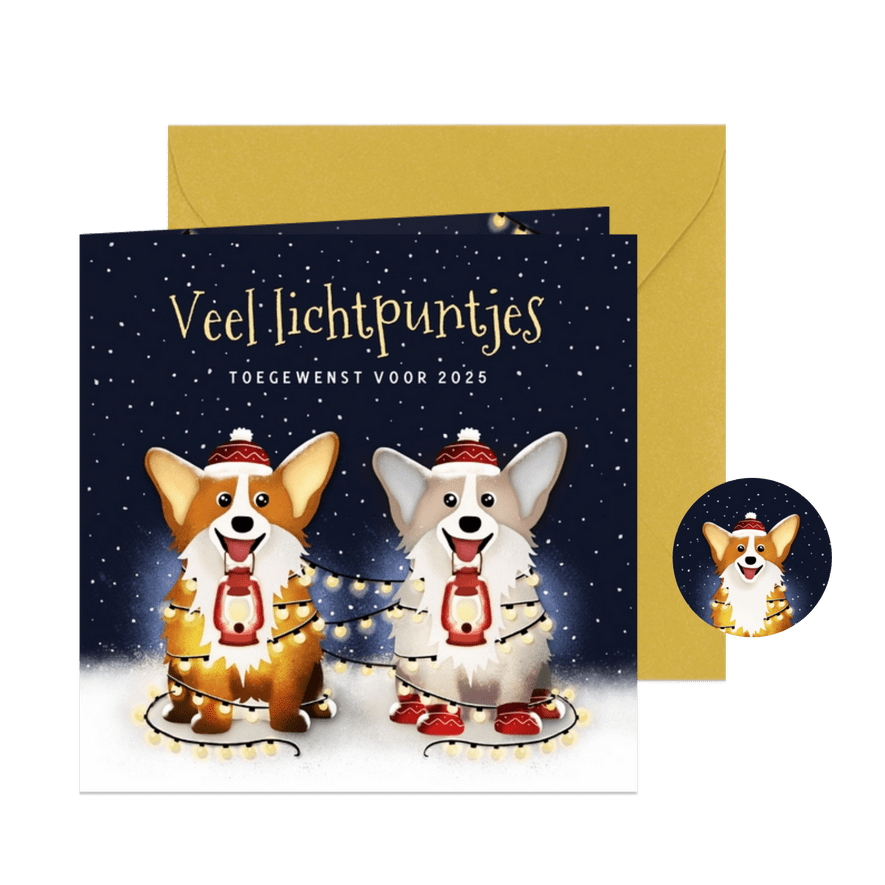 Lichtpuntjes kerstkaart met 2 corgi hondjes en kerstlampjes - Kaartimpressie