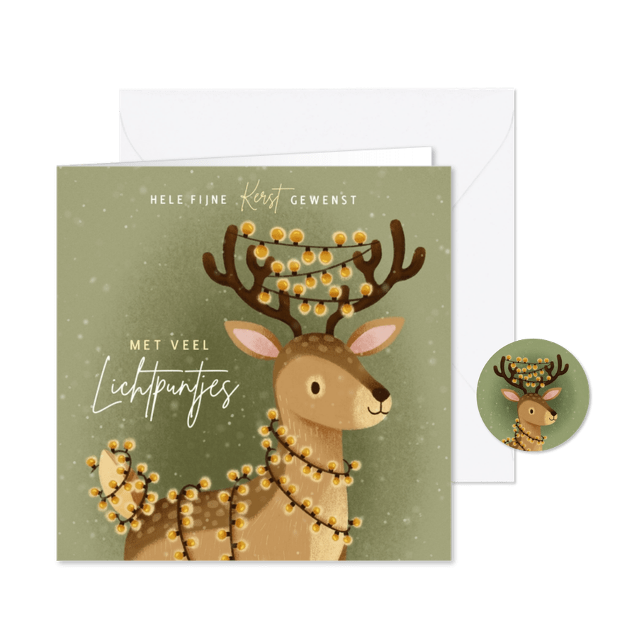 Lichtpuntjes kerstkaart met hertje, kerstlampjes en sneeuw - Kaartimpressie