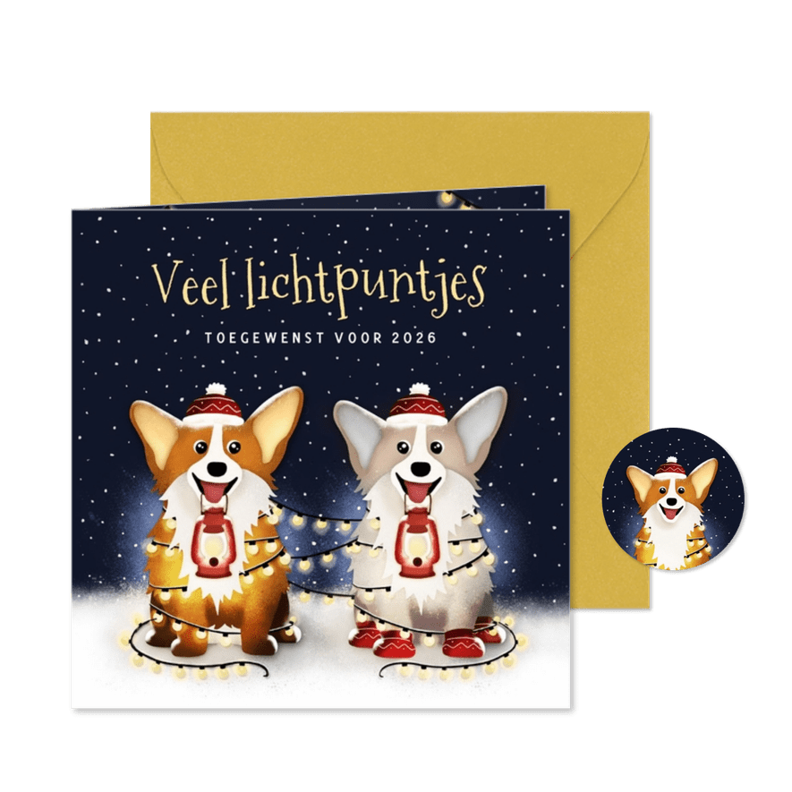 Lichtpuntjes nieuwjaarskaart met 2 corgi hondjes en lampjes - Kaartimpressie